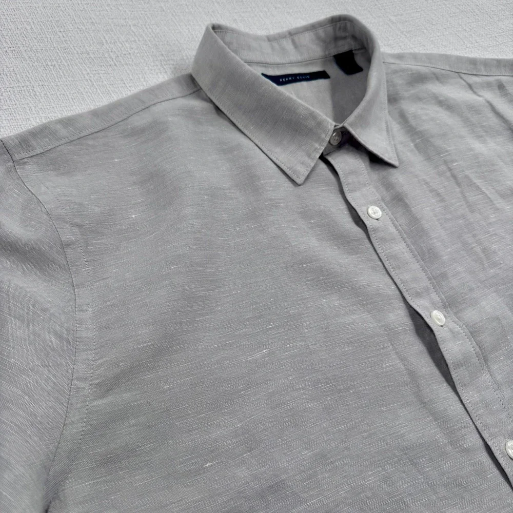 Perry Ellis Mens XL Tan Linen Cotton Blend Short Sleeve Button Up Shirt